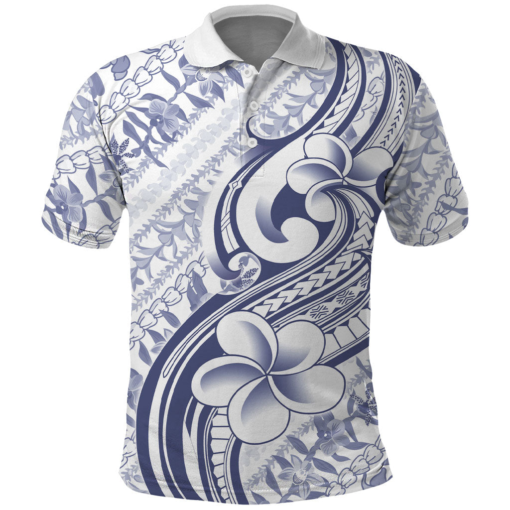 Hawaii Plumeria Lokelani Pikake Lei Polo Shirt Navy Blue Polynesian Tattoo