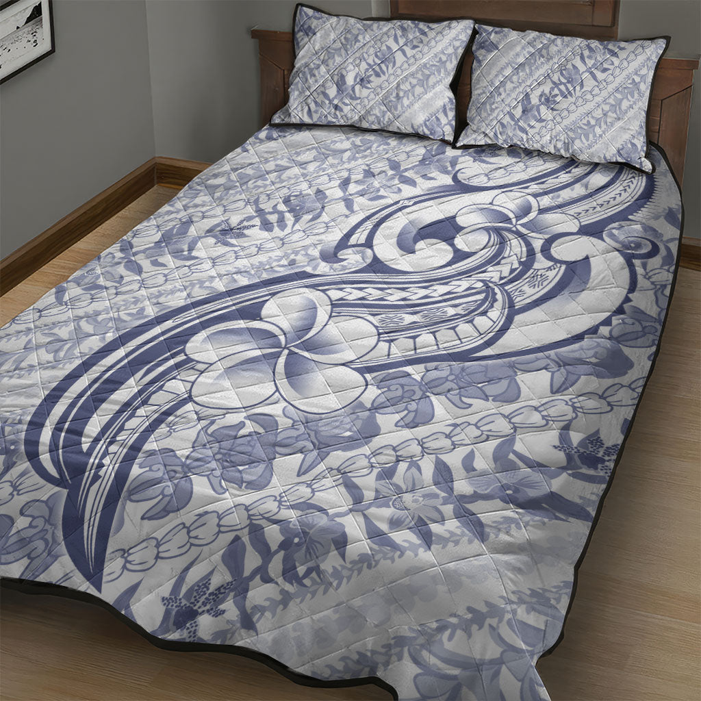 Hawaii Plumeria Lokelani Pikake Lei Quilt Bed Set Navy Blue Polynesian Tattoo