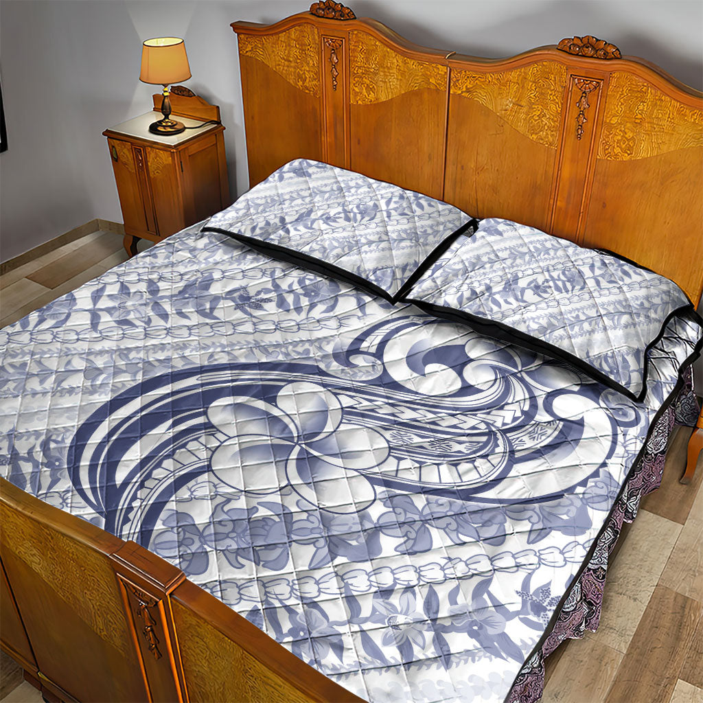 Hawaii Plumeria Lokelani Pikake Lei Quilt Bed Set Navy Blue Polynesian Tattoo