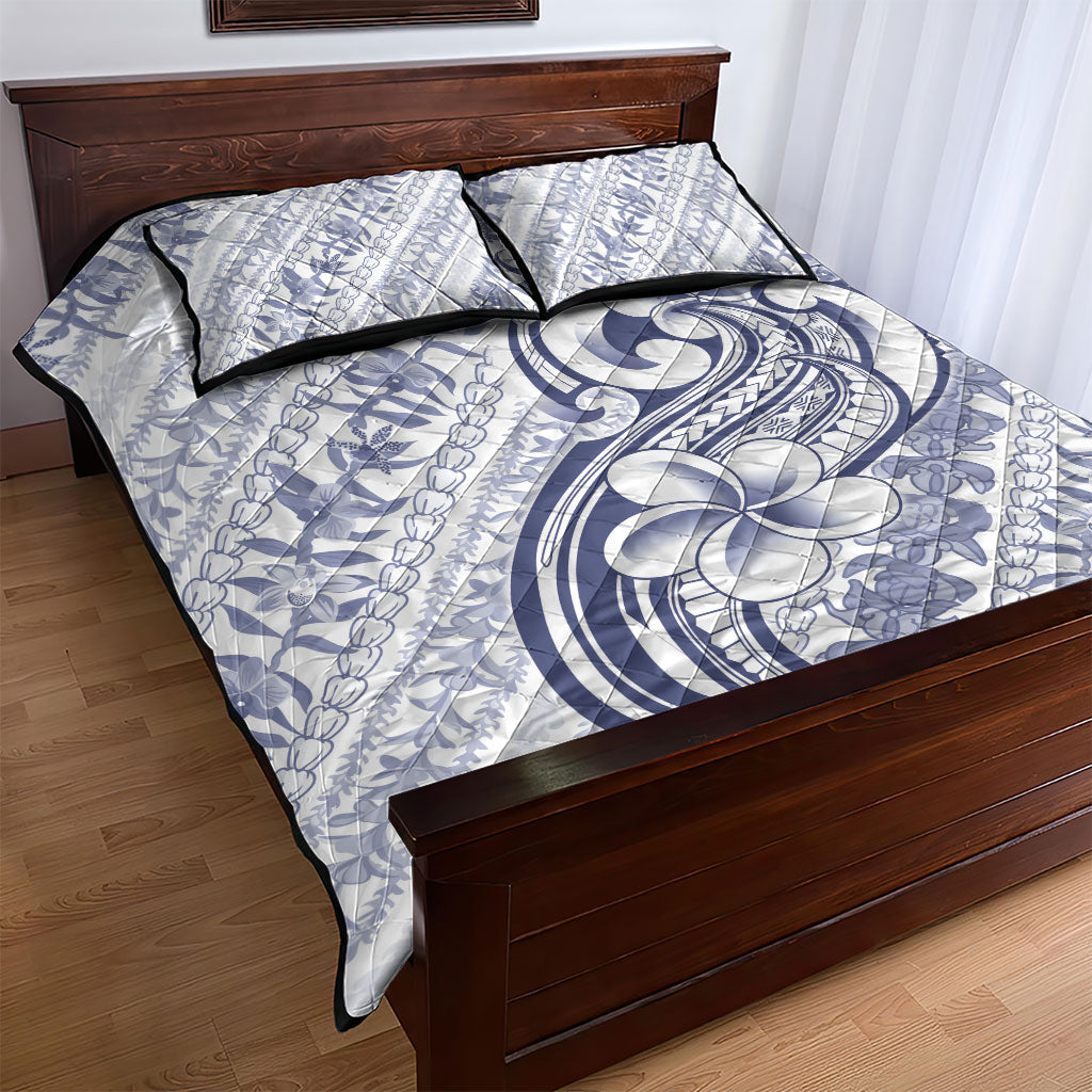 Hawaii Plumeria Lokelani Pikake Lei Quilt Bed Set Navy Blue Polynesian Tattoo
