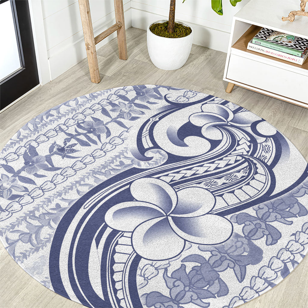 Hawaii Plumeria Lokelani Pikake Lei Round Carpet Navy Blue Polynesian Tattoo