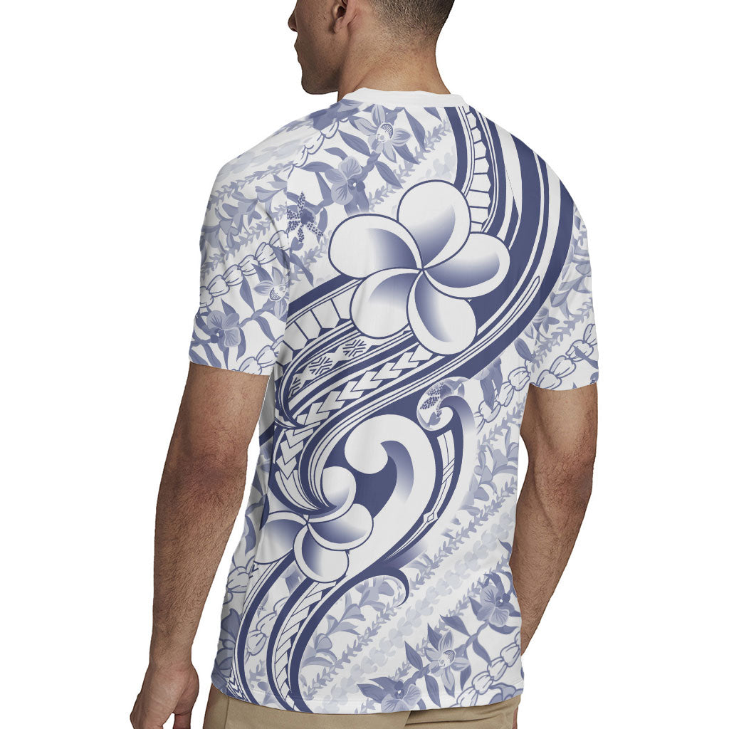 Hawaii Plumeria Lokelani Pikake Lei Rugby Jersey Navy Blue Polynesian Tattoo