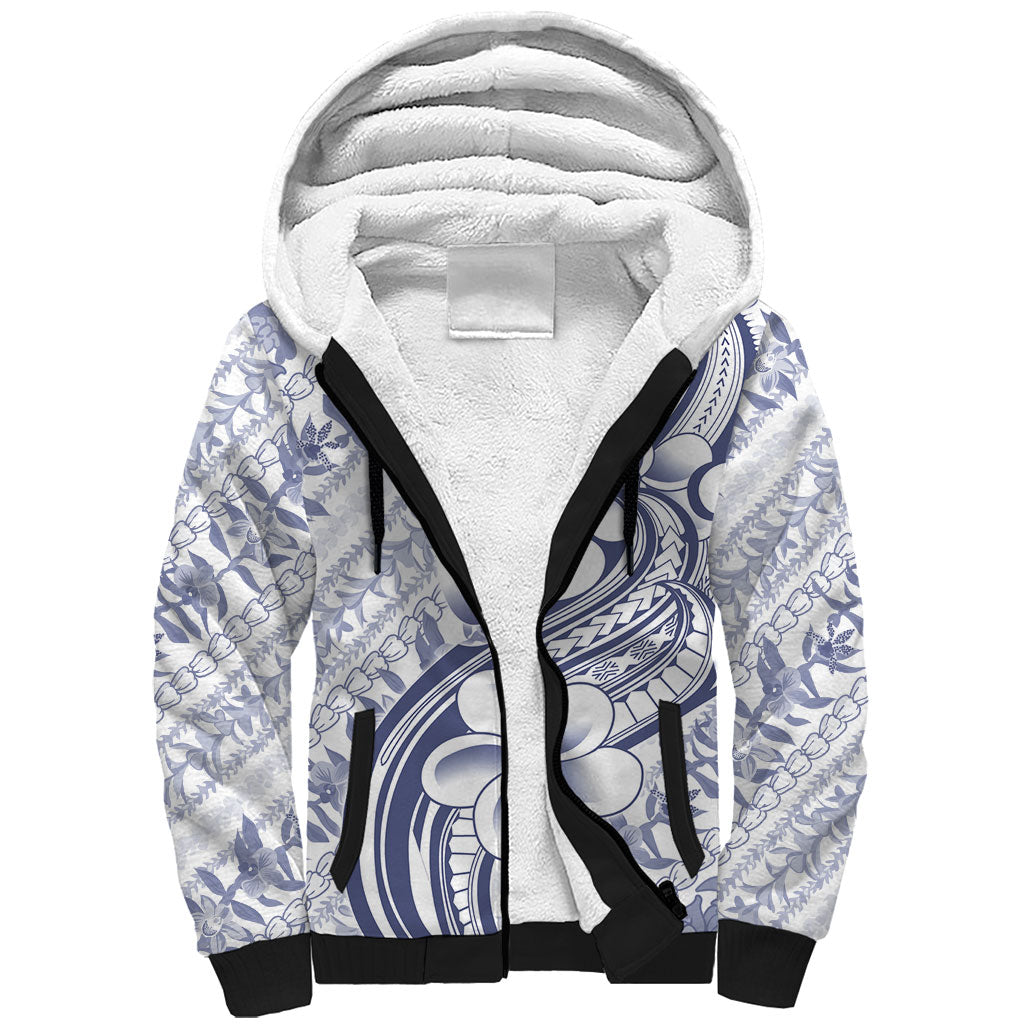 Hawaii Plumeria Lokelani Pikake Lei Sherpa Hoodie Navy Blue Polynesian Tattoo