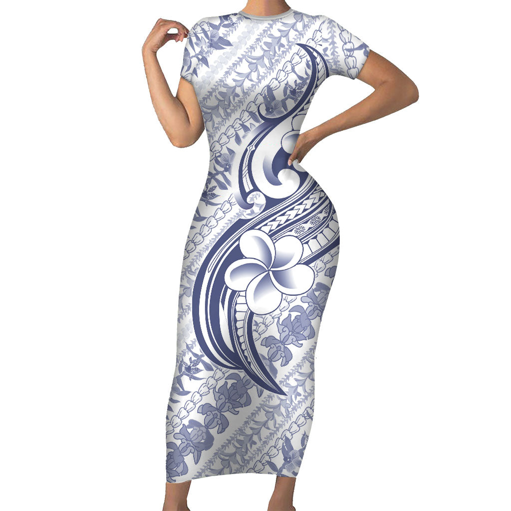 Hawaii Plumeria Lokelani Pikake Lei Short Sleeve Bodycon Dress Navy Blue Polynesian Tattoo