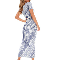 Hawaii Plumeria Lokelani Pikake Lei Short Sleeve Bodycon Dress Navy Blue Polynesian Tattoo