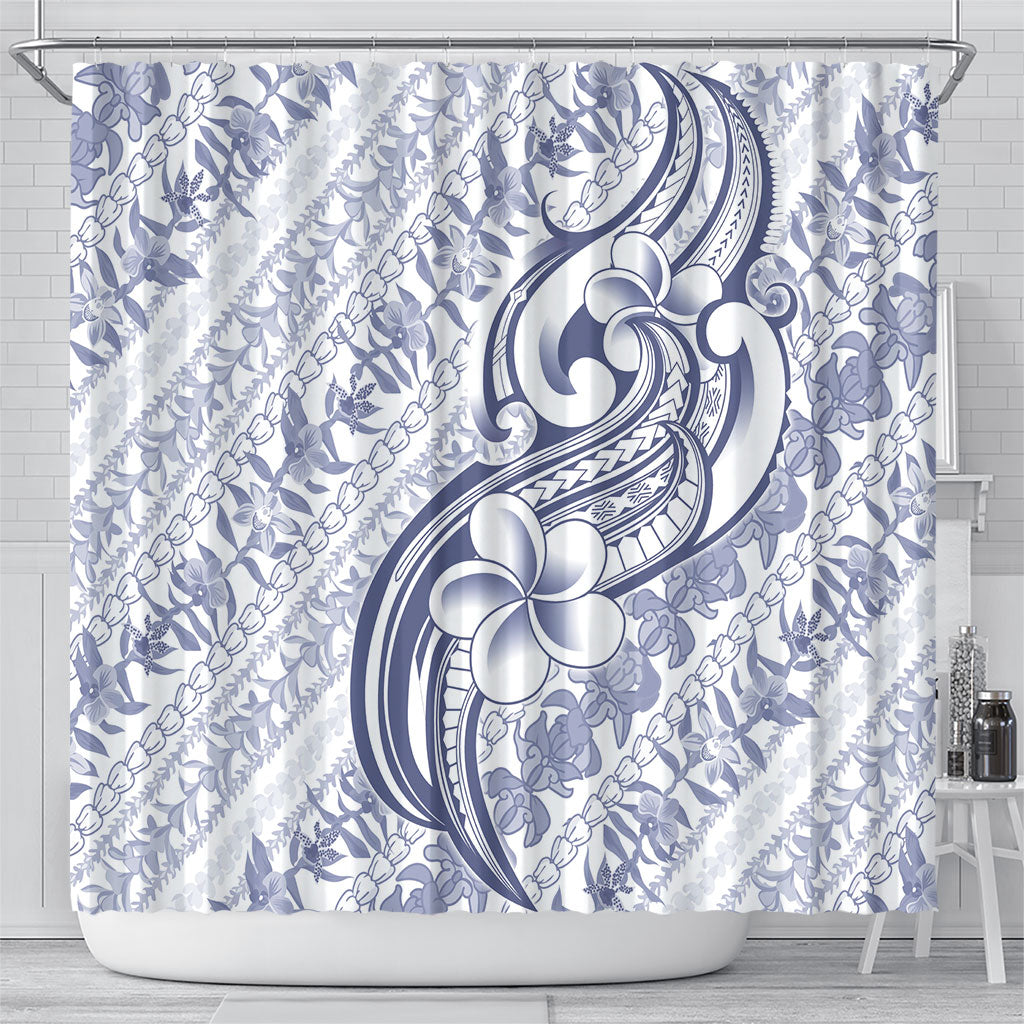 Hawaii Plumeria Lokelani Pikake Lei Shower Curtain Navy Blue Polynesian Tattoo
