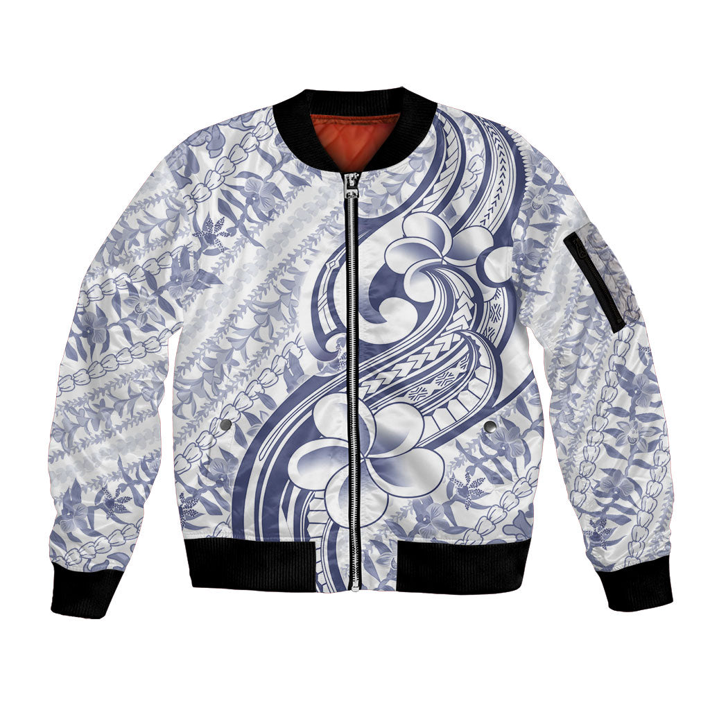 Hawaii Plumeria Lokelani Pikake Lei Sleeve Zip Bomber Jacket Navy Blue Polynesian Tattoo LT9 Unisex Navy Blue - Polynesian Pride