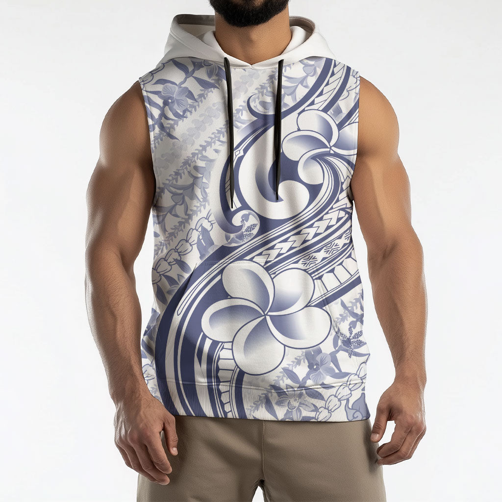 Hawaii Plumeria Lokelani Pikake Lei Sleeveless Hoodie Navy Blue Polynesian Tattoo