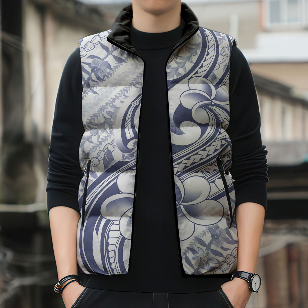 Hawaii Plumeria Lokelani Pikake Lei Sleeveless Puffer Jacket Navy Blue Polynesian Tattoo