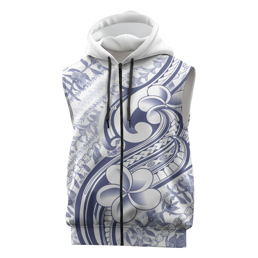Hawaii Plumeria Lokelani Pikake Lei Sleeveless Zip Hoodie Navy Blue Polynesian Tattoo