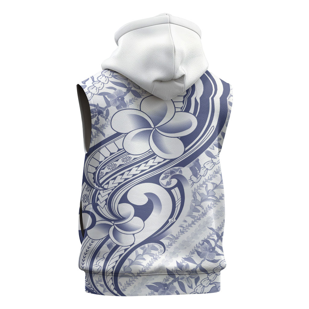 Hawaii Plumeria Lokelani Pikake Lei Sleeveless Zip Hoodie Navy Blue Polynesian Tattoo