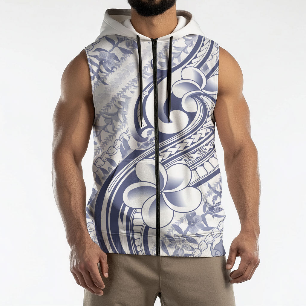 Hawaii Plumeria Lokelani Pikake Lei Sleeveless Zip Hoodie Navy Blue Polynesian Tattoo