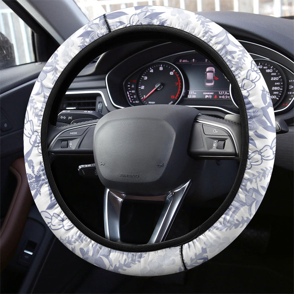 Hawaii Plumeria Lokelani Pikake Lei Steering Wheel Cover Navy Blue Polynesian Tattoo