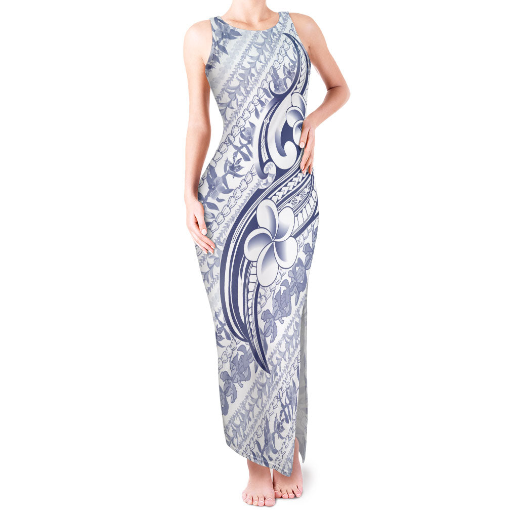 Hawaii Plumeria Lokelani Pikake Lei Tank Maxi Dress Navy Blue Polynesian Tattoo