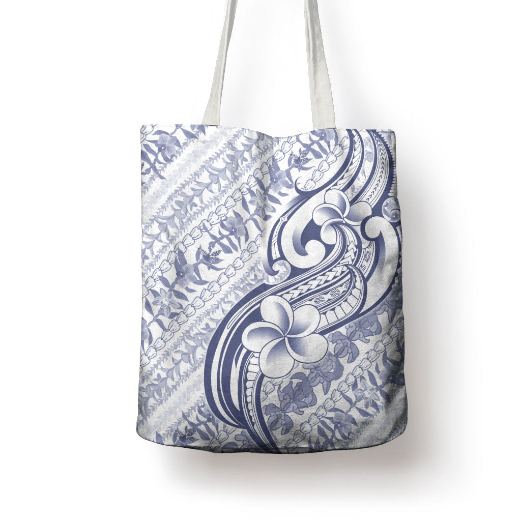 Hawaii Plumeria Lokelani Pikake Lei Tote Bag Navy Blue Polynesian Tattoo