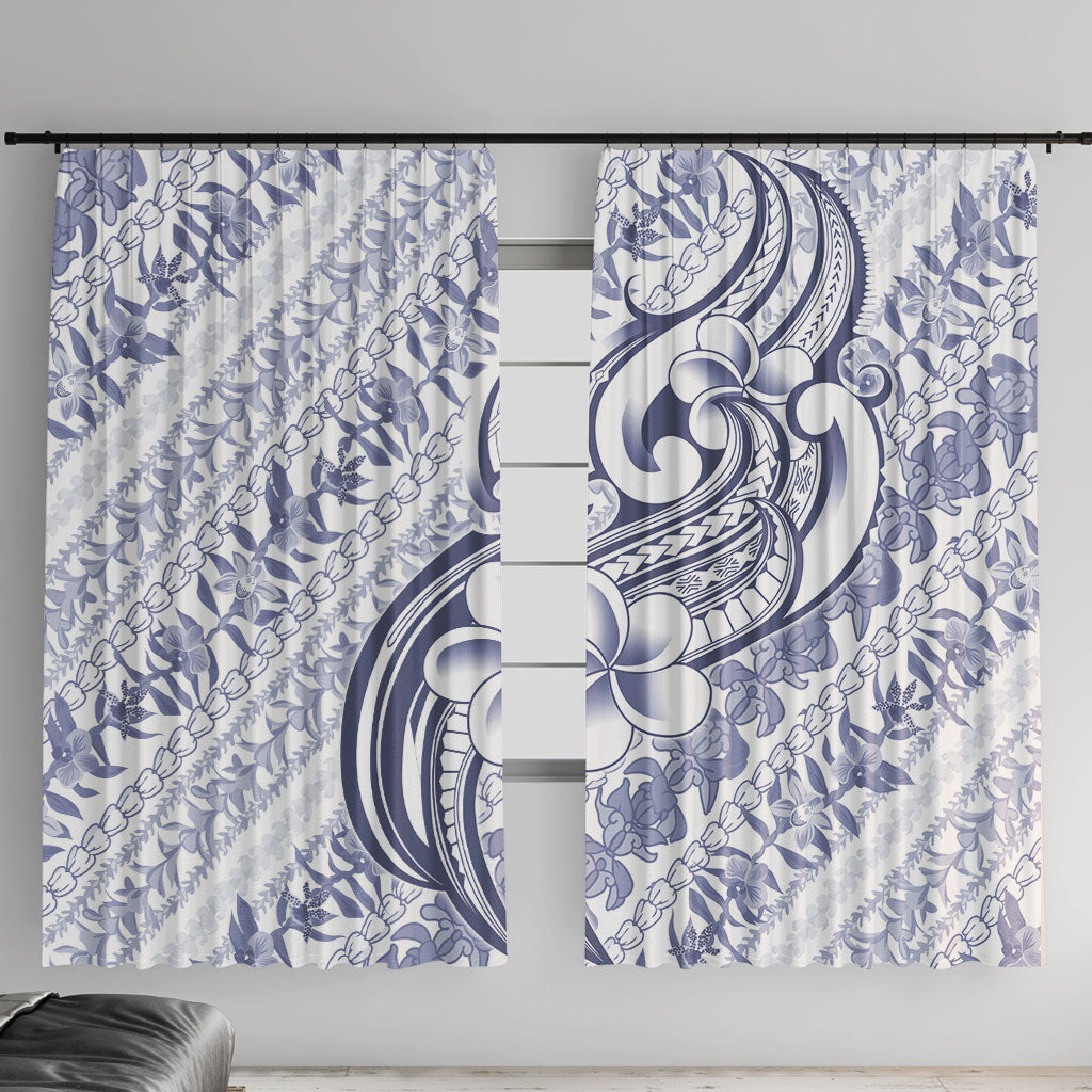 Hawaii Plumeria Lokelani Pikake Lei Window Curtain Navy Blue Polynesian Tattoo LT9 With Hooks Navy Blue - Polynesian Pride