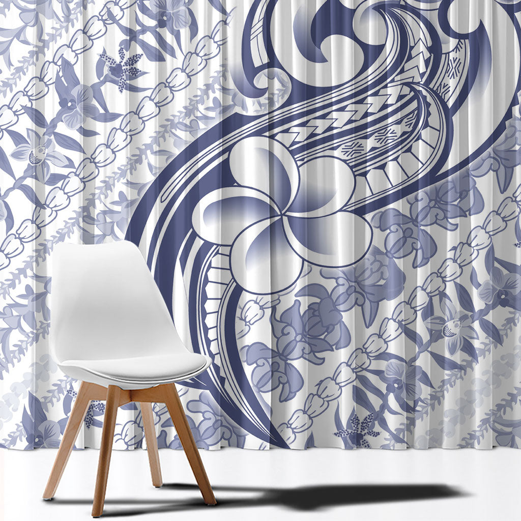 Hawaii Plumeria Lokelani Pikake Lei Window Curtain Navy Blue Polynesian Tattoo