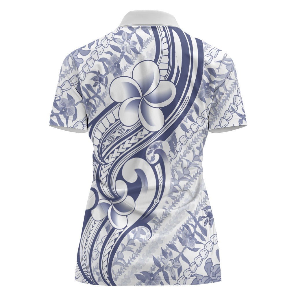 Hawaii Plumeria Lokelani Pikake Lei Women Polo Shirt Navy Blue Polynesian Tattoo