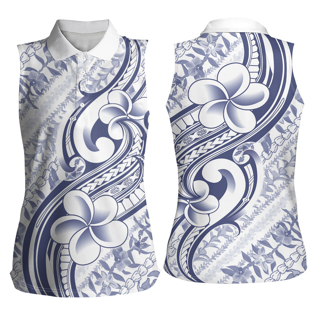 Hawaii Plumeria Lokelani Pikake Lei Women Sleeveless Polo Shirt Navy Blue Polynesian Tattoo