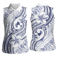 Hawaii Plumeria Lokelani Pikake Lei Women Sleeveless Polo Shirt Navy Blue Polynesian Tattoo