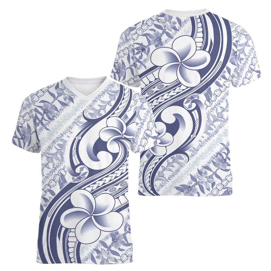 Hawaii Plumeria Lokelani Pikake Lei Women V-Neck T-Shirt Navy Blue Polynesian Tattoo