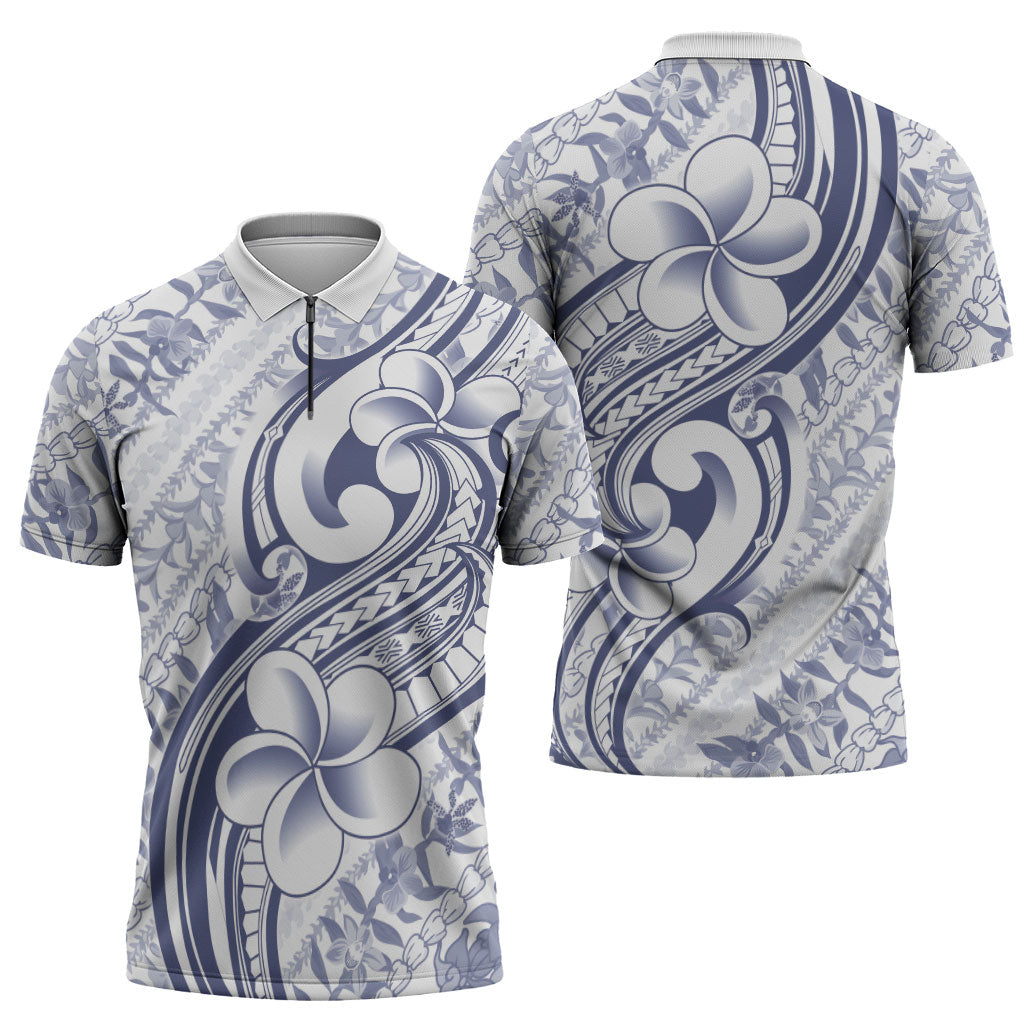 Hawaii Plumeria Lokelani Pikake Lei Zipper Polo Shirt Navy Blue Polynesian Tattoo