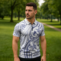 Hawaii Plumeria Lokelani Pikake Lei Zipper Polo Shirt Navy Blue Polynesian Tattoo