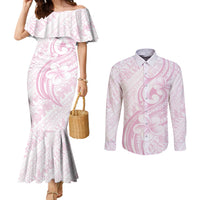 Hawaii Plumeria Lokelani Pikake Lei Couples Matching Mermaid Dress and Long Sleeve Button Shirt Poni Mama Polynesian Tattoo