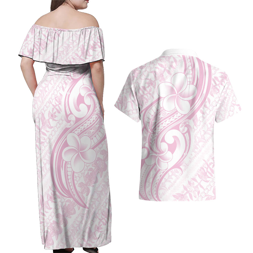 Hawaii Plumeria Lokelani Pikake Lei Couples Matching Off Shoulder Maxi Dress and Hawaiian Shirt Poni Mama Polynesian Tattoo