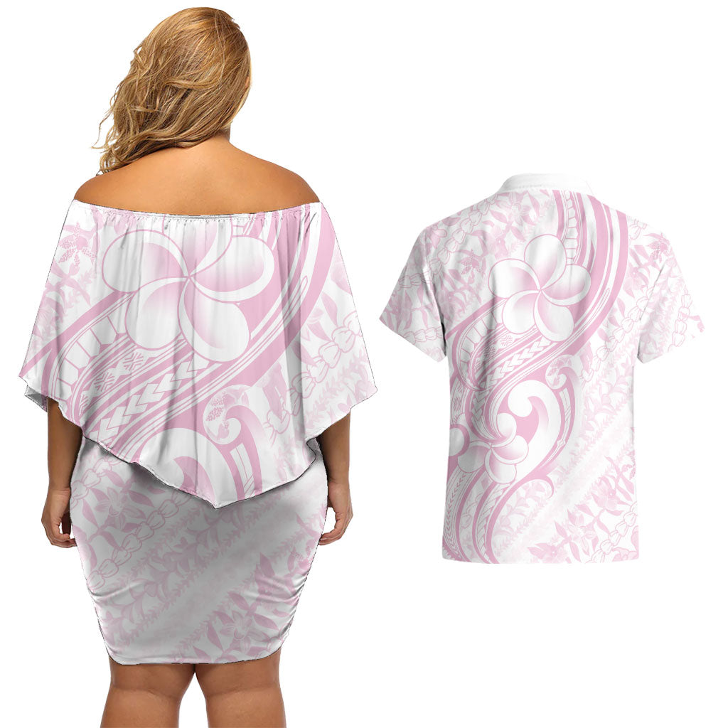 Hawaii Plumeria Lokelani Pikake Lei Couples Matching Off Shoulder Short Dress and Hawaiian Shirt Poni Mama Polynesian Tattoo