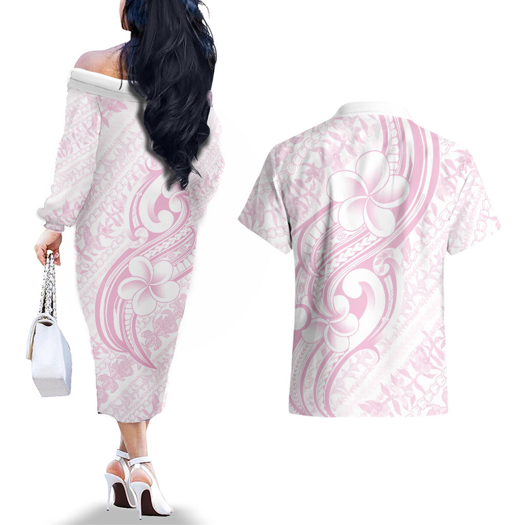 Hawaii Plumeria Lokelani Pikake Lei Couples Matching Off The Shoulder Long Sleeve Dress and Hawaiian Shirt Poni Mama Polynesian Tattoo