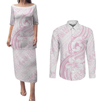 Hawaii Plumeria Lokelani Pikake Lei Couples Matching Puletasi and Long Sleeve Button Shirt Poni Mama Polynesian Tattoo