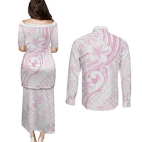 Hawaii Plumeria Lokelani Pikake Lei Couples Matching Puletasi and Long Sleeve Button Shirt Poni Mama Polynesian Tattoo
