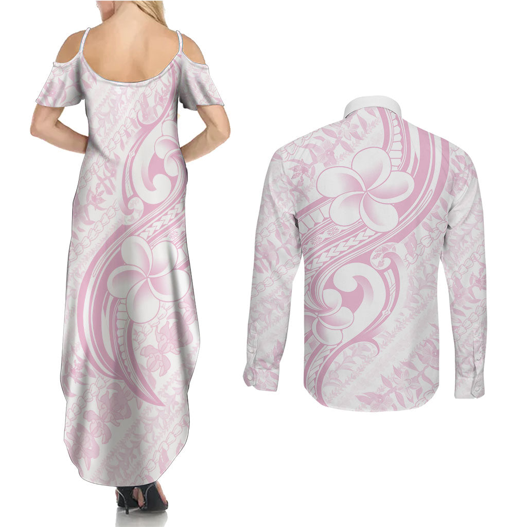 Hawaii Plumeria Lokelani Pikake Lei Couples Matching Summer Maxi Dress and Long Sleeve Button Shirt Poni Mama Polynesian Tattoo