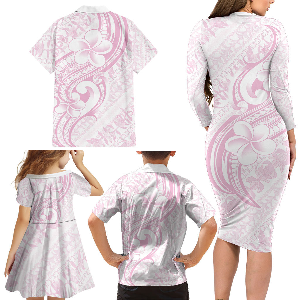 Hawaii Plumeria Lokelani Pikake Lei Family Matching Long Sleeve Bodycon Dress and Hawaiian Shirt Poni Mama Polynesian Tattoo