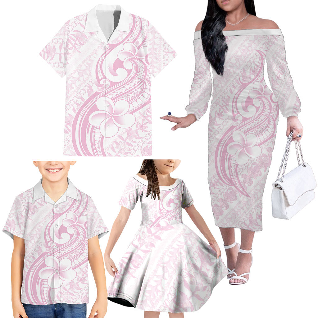 Hawaii Plumeria Lokelani Pikake Lei Family Matching Off The Shoulder Long Sleeve Dress and Hawaiian Shirt Poni Mama Polynesian Tattoo