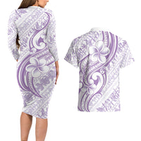 Hawaii Plumeria Lokelani Pikake Lei Couples Matching Long Sleeve Bodycon Dress and Hawaiian Shirt Poni Polynesian Tattoo