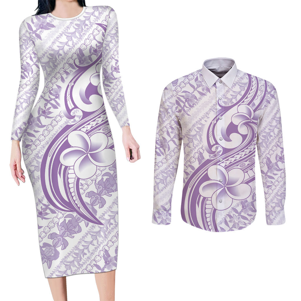 Hawaii Plumeria Lokelani Pikake Lei Couples Matching Long Sleeve Bodycon Dress and Long Sleeve Button Shirt Poni Polynesian Tattoo