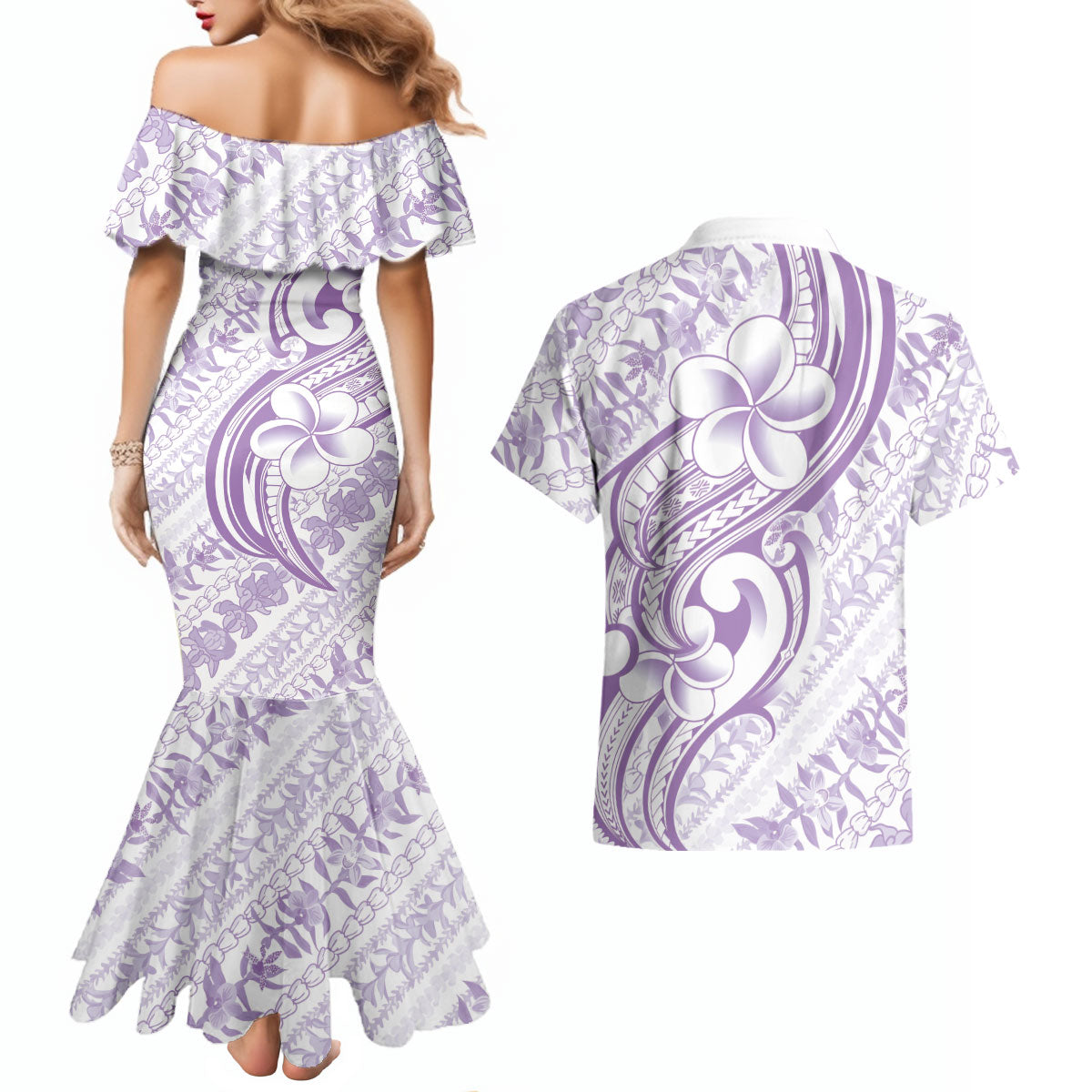 Hawaii Plumeria Lokelani Pikake Lei Couples Matching Mermaid Dress and Hawaiian Shirt Poni Polynesian Tattoo