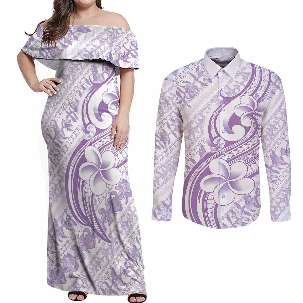 Hawaii Plumeria Lokelani Pikake Lei Couples Matching Off Shoulder Maxi Dress and Long Sleeve Button Shirt Poni Polynesian Tattoo