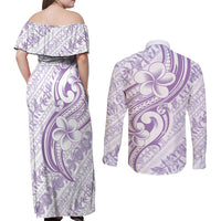 Hawaii Plumeria Lokelani Pikake Lei Couples Matching Off Shoulder Maxi Dress and Long Sleeve Button Shirt Poni Polynesian Tattoo