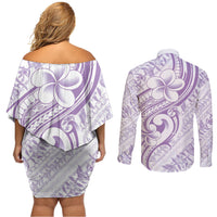 Hawaii Plumeria Lokelani Pikake Lei Couples Matching Off Shoulder Short Dress and Long Sleeve Button Shirt Poni Polynesian Tattoo