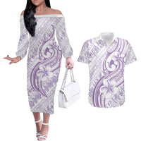 Hawaii Plumeria Lokelani Pikake Lei Couples Matching Off The Shoulder Long Sleeve Dress and Hawaiian Shirt Poni Polynesian Tattoo