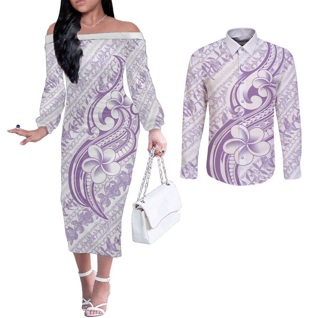 Hawaii Plumeria Lokelani Pikake Lei Couples Matching Off The Shoulder Long Sleeve Dress and Long Sleeve Button Shirt Poni Polynesian Tattoo LT9 Purple - Polynesian Pride