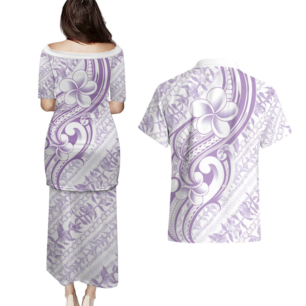 Hawaii Plumeria Lokelani Pikake Lei Couples Matching Puletasi and Hawaiian Shirt Poni Polynesian Tattoo