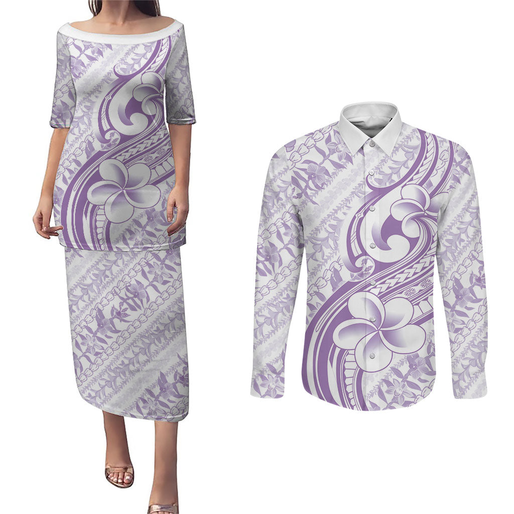 Hawaii Plumeria Lokelani Pikake Lei Couples Matching Puletasi and Long Sleeve Button Shirt Poni Polynesian Tattoo LT9 Purple - Polynesian Pride