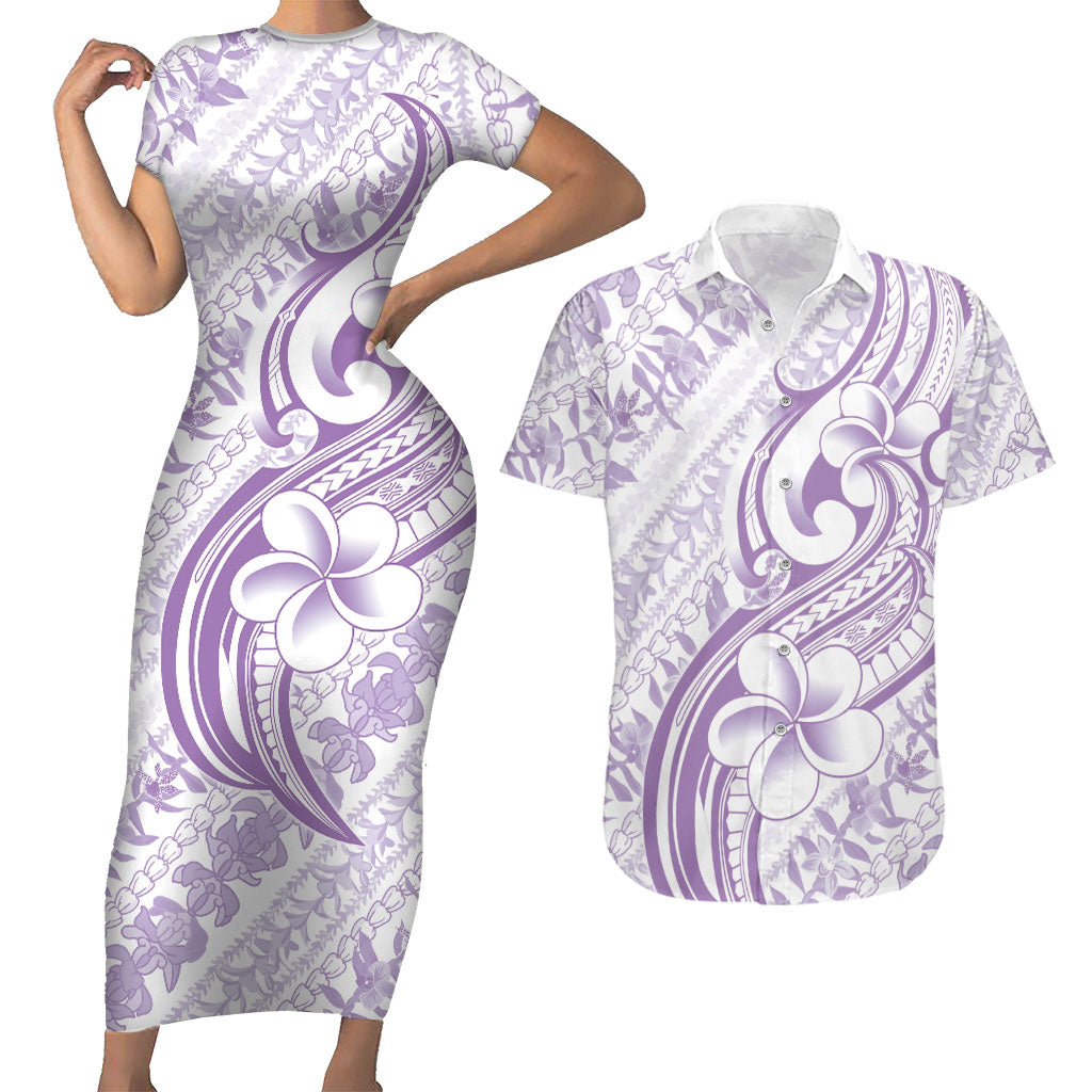 Hawaii Plumeria Lokelani Pikake Lei Couples Matching Short Sleeve Bodycon Dress and Hawaiian Shirt Poni Polynesian Tattoo