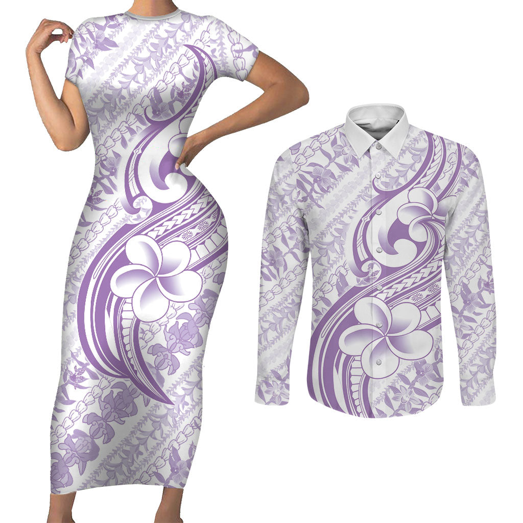 Hawaii Plumeria Lokelani Pikake Lei Couples Matching Short Sleeve Bodycon Dress and Long Sleeve Button Shirt Poni Polynesian Tattoo
