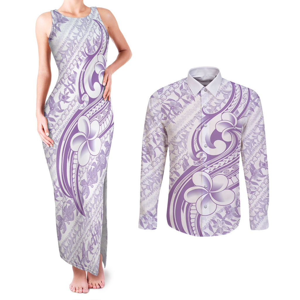 Hawaii Plumeria Lokelani Pikake Lei Couples Matching Tank Maxi Dress and Long Sleeve Button Shirt Poni Polynesian Tattoo