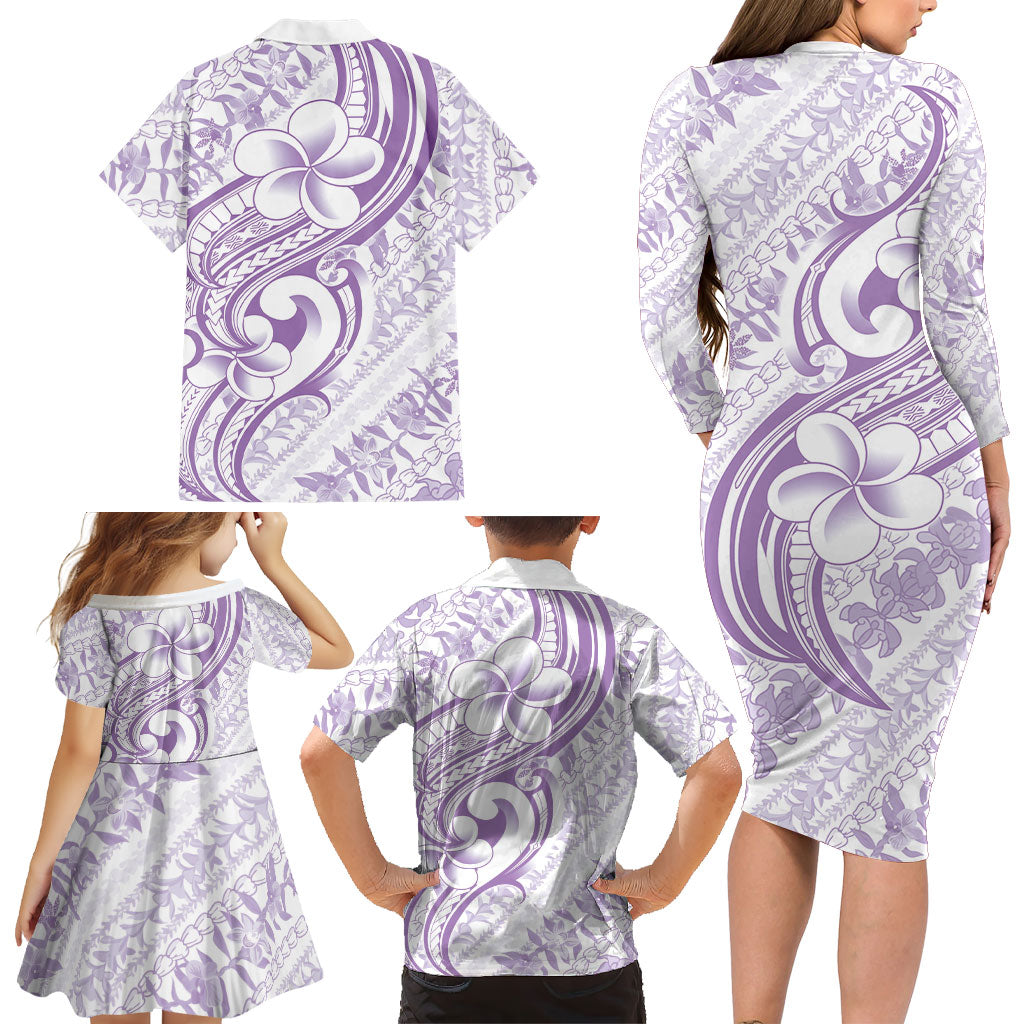 Hawaii Plumeria Lokelani Pikake Lei Family Matching Long Sleeve Bodycon Dress and Hawaiian Shirt Poni Polynesian Tattoo